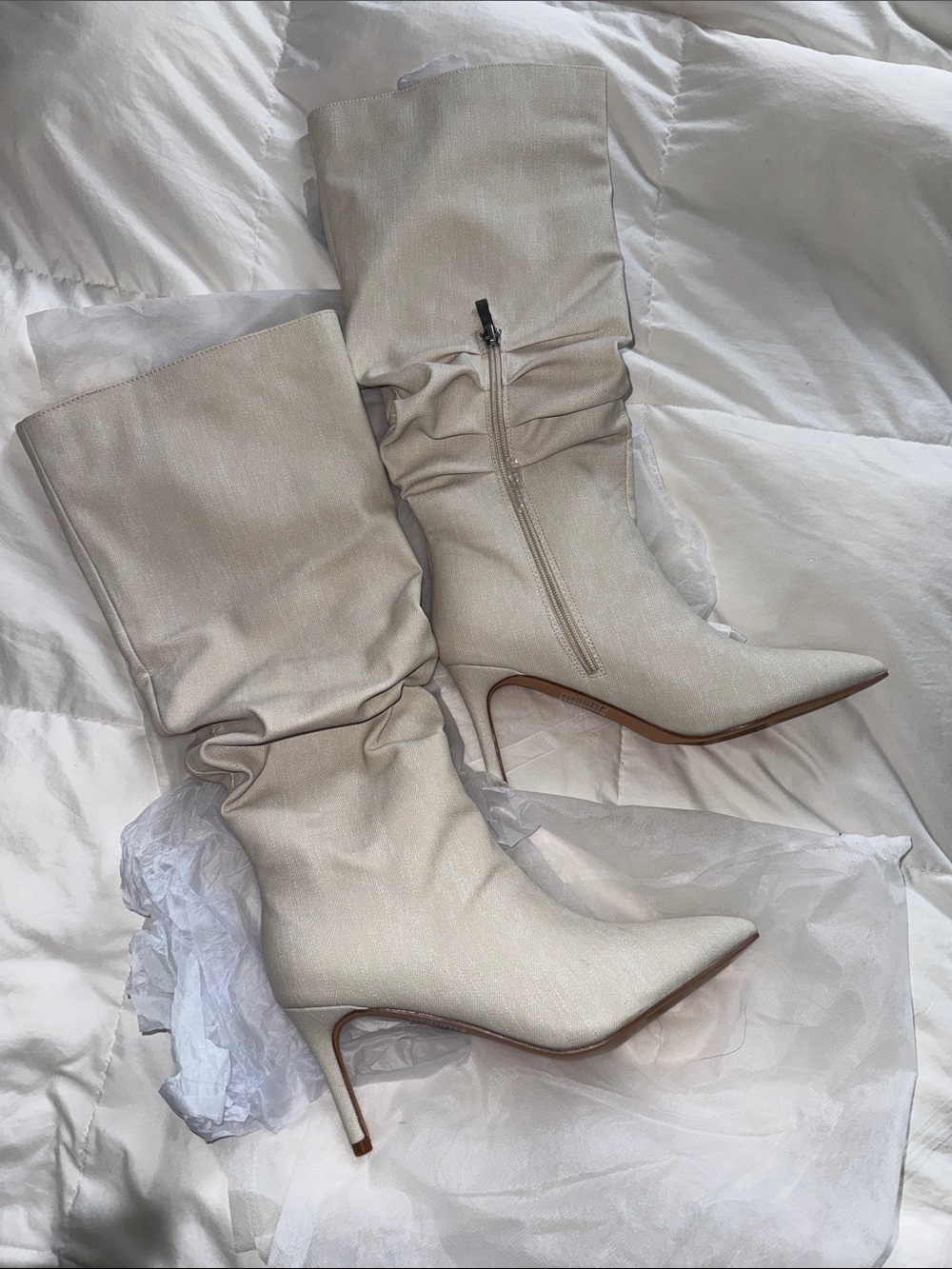 NEVER WORN - Fashion Nova Cream Slouch Pointed-Toe Stiletto Knee Boots